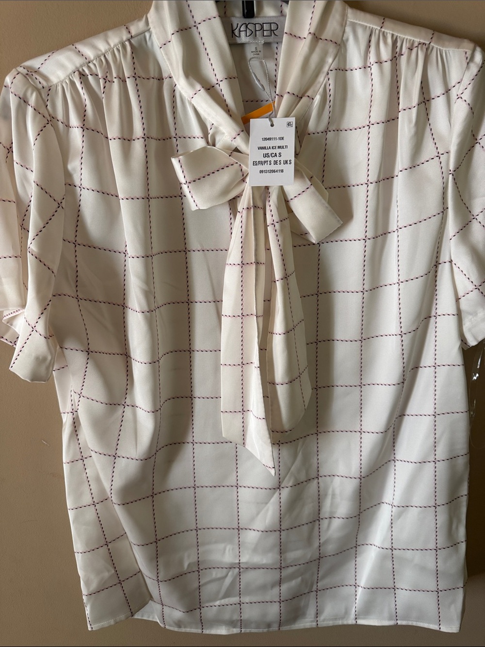 Kasper Cream Blouse with Burgundy Windowpane Pattern and Tie-Neck